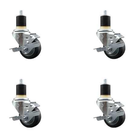 Service Caster 3'' SS Thermoplastic Rubber Swivel 1-7/8'' Expanding Stem Caster Set with Brake, 4PK SCC-SSEX20S314-TPRB-TLB-178-4